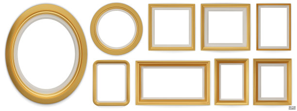 集黄金现代框架孤立在白色背景。现实的矩形，圆形，椭圆形照片金框模型。经典边框设置绘画，照片画廊。三维矢量插图。图片下载
