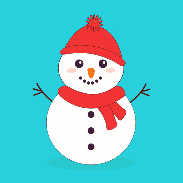 雪人带着红色的帽子和围巾。可爱的卡通卡哇伊简单有趣的婴儿角色。鼻子胡萝卜。圣诞快乐。贺卡，贴纸打印模板。蓝色背景。孤立。平面设计。图片下载
