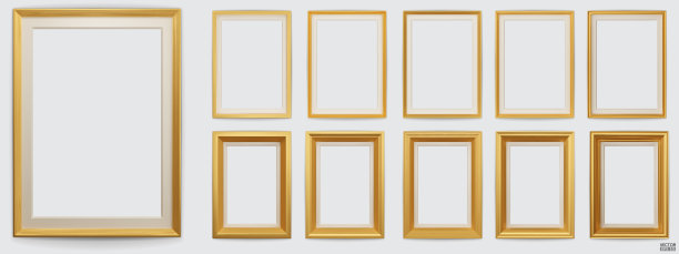 集金色现代框架孤立在白色背景。现实的矩形框架模型。经典的木制相框。黄金边框设置绘画，海报，照片画廊。三维矢量插图。图片下载