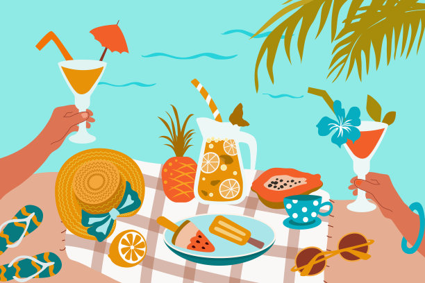 在海滩上野餐。毯子上有食物、饮料和水果。彩色平面矢量插图。图片下载