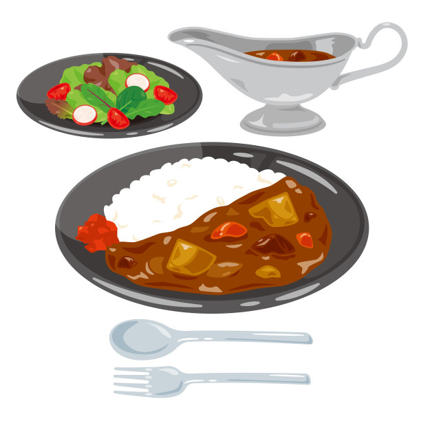 咖喱饭和沙拉装盘图片下载