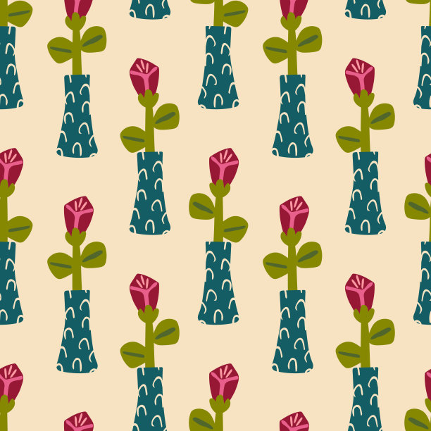 无缝图案与手绘玫瑰花在一个花瓶。背景、包装纸图片下载