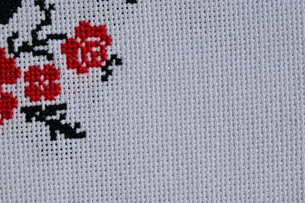 白色帆布上的黑红色乌克兰刺绣，装饰婚礼毛巾的碎片，白色帆布上绣的花朵图片下载