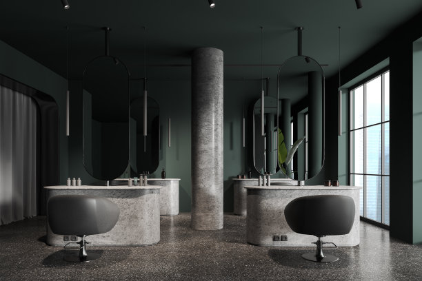 绿色理发店，一排排的椅子，配件和全景窗户图片下载