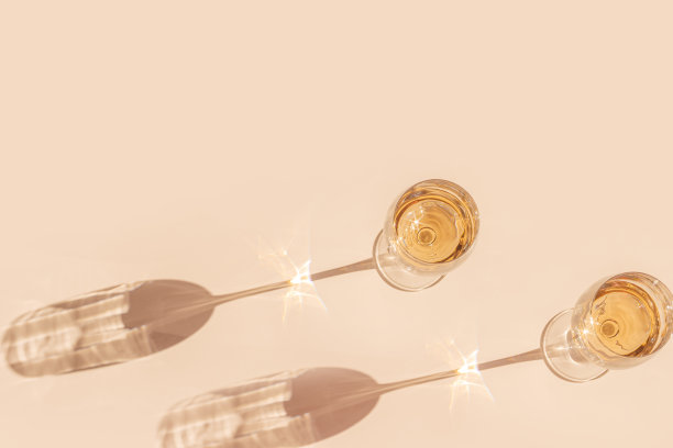 阳光静物与两杯白葡萄酒，米色背景与阴影和眩光，碱光效果在太阳。极简美学趋势照片与夏季酒精饮料，暗光，上图图片下载