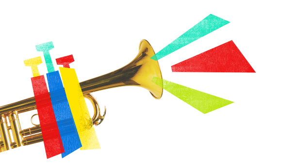 海报。当代艺术拼贴。喇叭口上有五颜六色的形状。爵士乐和古典音乐。图片下载