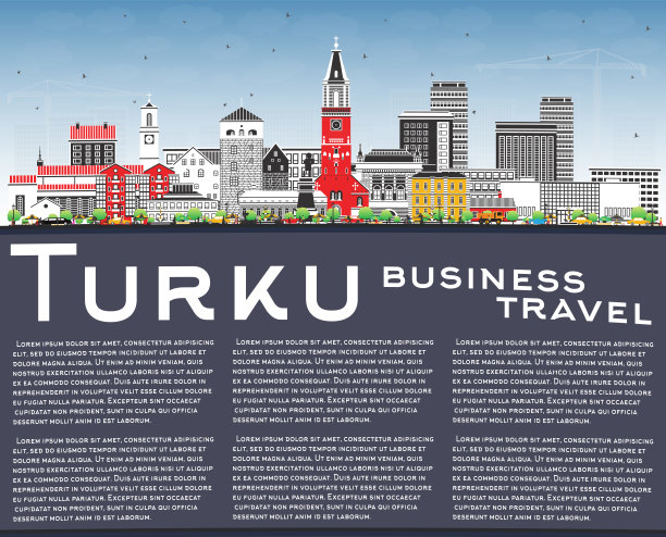 芬兰图尔库城市天际线有彩色建筑、蓝天和复制空间。图尔库城市景观与地标。旅游和旅游理念与现代和历史建筑。图片下载