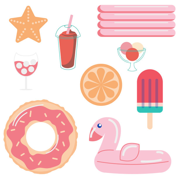 一套夏日元素，沙滩配饰。太阳镜，雨伞，香蕉，防晒霜，鸡尾酒，拖鞋，遮阳帽，泳衣，火烈鸟，照片。海上度假用品。卡通平面插图。图片下载