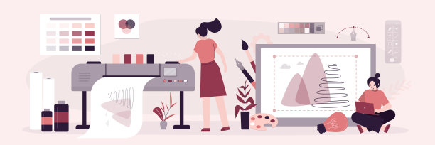 有创意的人或办公室职员用绘图仪。胶印机打印大尺寸图片，打印服务，复印中心。印刷的房子。商业数码文件制作。图片下载