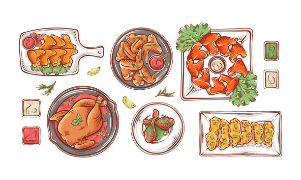 鸡菜手绘插图色彩缤纷。鸡肉设置顶视图框架。鸡肉食品与柠檬片和草药绘图设计矢量全彩色图片下载