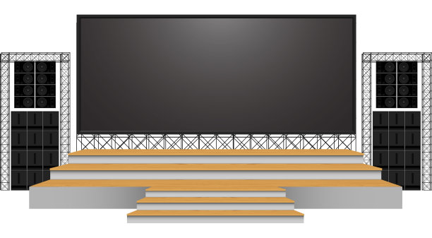 白色背景的桁架系统上的木制舞台和led屏幕扬声器图片下载