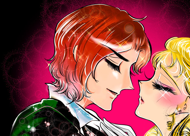 一个英俊的王子和一个金发碧眼的公主突然靠近对方，在一个悸动的浪漫场景中，以昭和少女漫画的风格。图片下载