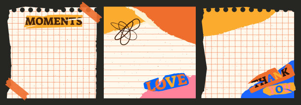 撕纸。一套撕纸风格的方形笔记，杂志剪报。有贴纸和文字的笔记。明亮的镜框用于照片、社交媒体和笔记。有衬里和格子的剪纸。变形的纸张图片下载