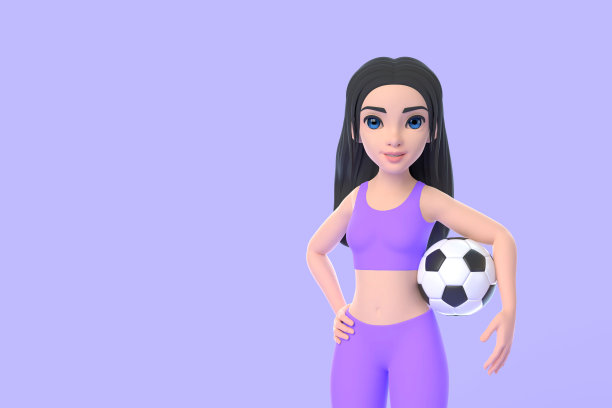 卡通人物女人穿着运动服拿着足球在紫色的背景图片下载