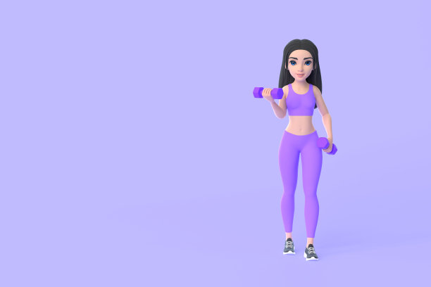 卡通人物，穿着运动服的女人，拿着紫色背景的哑铃做运动图片下载