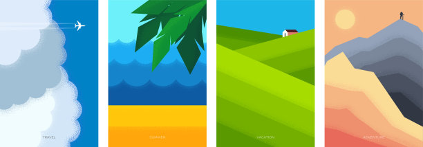 抽象复古的极简夏季旅游海报。老式印刷飞机在云。棕榈在沙滩和大海上。旅游度假远足山上旗。自然景观田野新潮极简休息标语牌图片下载