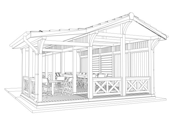露台的轮廓。黑色轮廓线轮廓。等距视图。凉亭的轮廓，有长凳、桌子和屋顶。矢量插图。3 d。图片下载