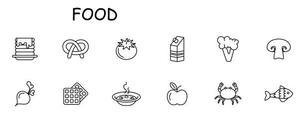 食物集图标。鱼、番茄、糕点、牛奶、螃蟹、煎饼、苹果、天然产品、蘑菇、萝卜、汤、热、佳肴、不寻常的食物。健康饮食理念。矢量线图标。图片下载