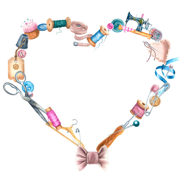 心形花环与弓。手绘水彩插图框架与缝纫配件在孤立的背景。艺术绘图工艺用品的贺卡，名片或标志图片下载