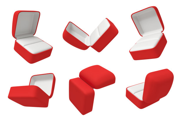 三维渲染的一组六个开放的空红色环框从不同的角度显示孤立在白色背景。图片下载