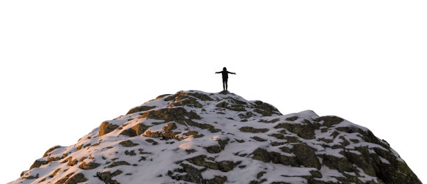 冒险女徒步旅行者站在落基山顶。PNG剪切。3d渲染图片下载