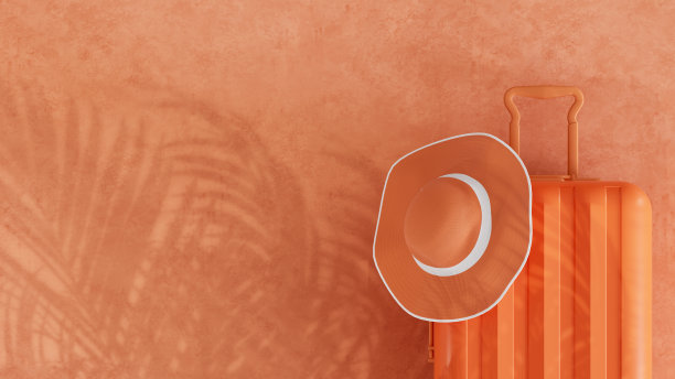 夏季海滩度假旅行背景与手提箱和棕榈树阴影在橙色的背景图片下载