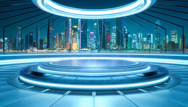 未来城市天际线与霓虹灯舞台平台图片下载