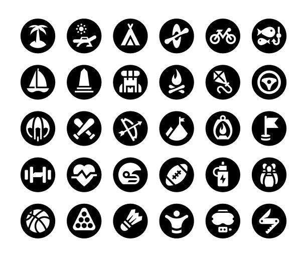 运动和户外活动的黑白最小图标集图片下载