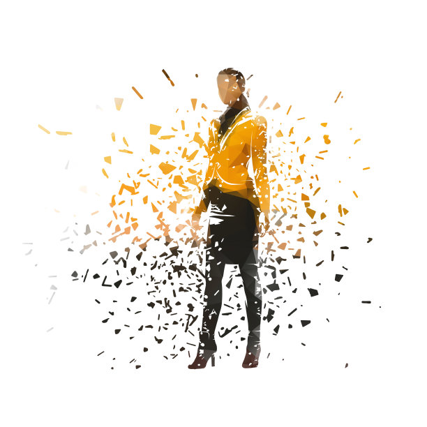 商业妇女站立，孤立的低多边形矢量插图与粉碎效果，正面视图图片下载