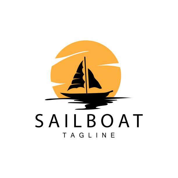 简单的渔船帆船标志简单的设计黑色轮廓船海洋插图模板图片下载