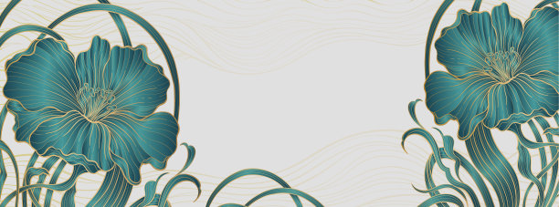 优雅的装饰艺术背景模板与鲜花。奢华的设计是为装饰艺术主题，绿色和金色的颜色。图片下载