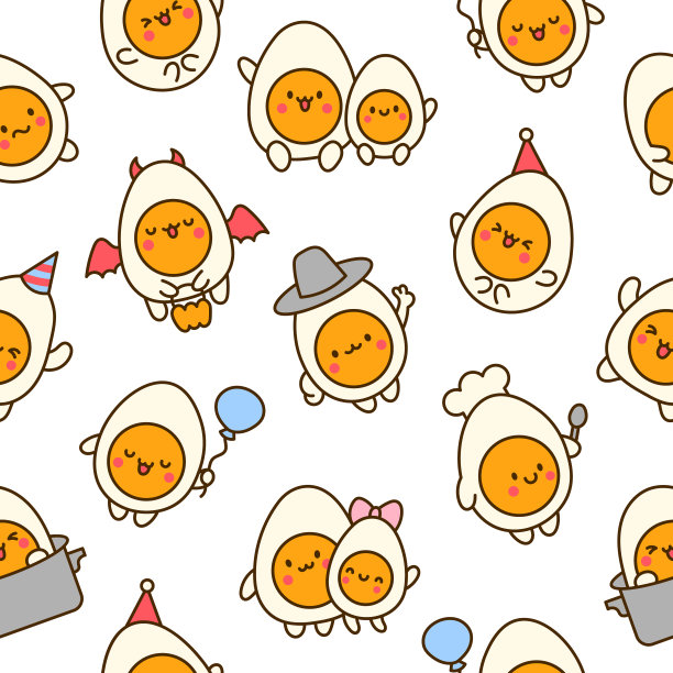 可爱的卡哇伊煮蛋和滑稽的脸。无缝模式。卡通快乐食品人物。手绘风格。矢量图。设计的饰品。图片下载