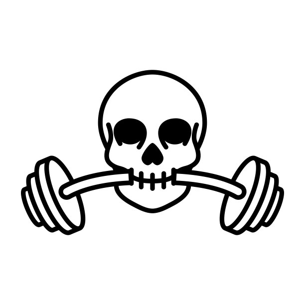 插图头骨与杠铃在牙齿单色风格。标志、徽章的设计元素。矢量图图片下载