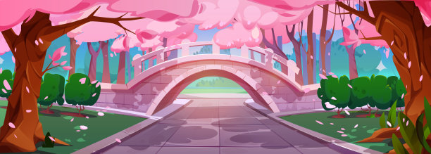 春天公园里有樱花树和拱桥图片下载