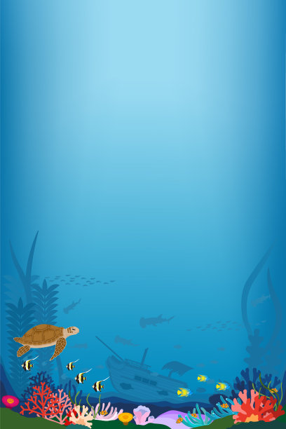 彩色海龟、热带鱼和一艘漂浮在珊瑚礁水下的沉船的背景材料。垂直位置。图片下载