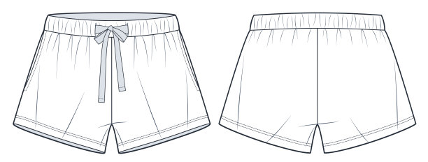 短裤技术时尚插画。短裤时尚平面技术图纸模板，弹力腰，前后视图，白色，女，男，男女皆可的运动服装CAD样板。图片下载