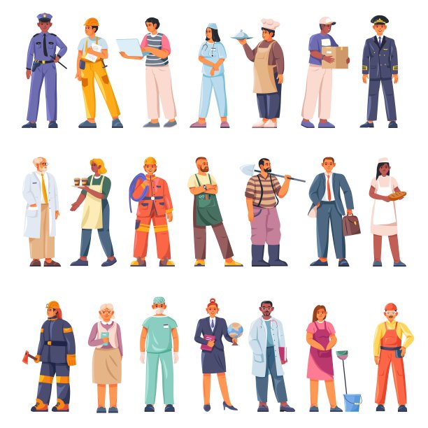 不同的职业。各种工作专业职业，卡通人物在制服仆人工人，劳动节或人力资源就业最近的矢量插图图片下载