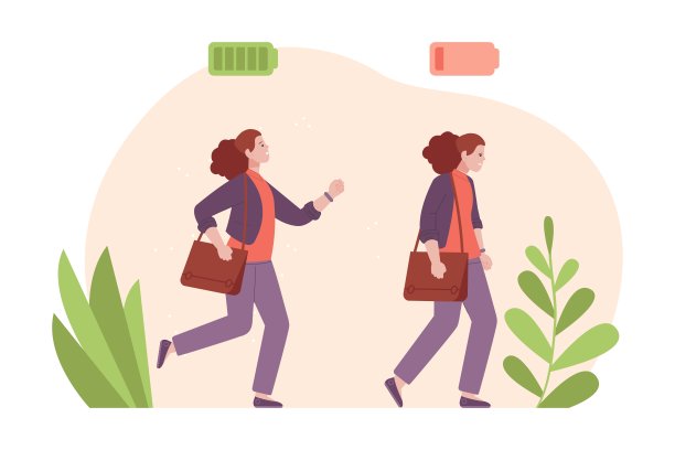 女人的生命能量。疲倦或精力充沛的女性办公室职员，健康生活动力水平满低电池工作动机无聊悲伤的女孩倦怠工作者需要休息向量说明图片下载