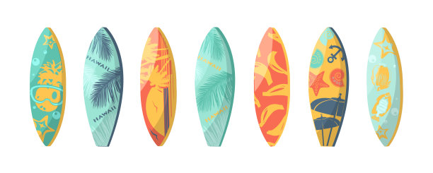 以平淡的风格度过一个充满异国情调的夏日假期的概念。在一个孤立的背景上带有夏季异国情调装饰的冲浪板。时尚的热带矢量集。图片下载