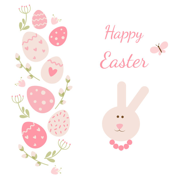 复活节卡片，白色背景上有兔子、蛋、花、树枝。平的风格。理想的假日设计。向量。图片下载