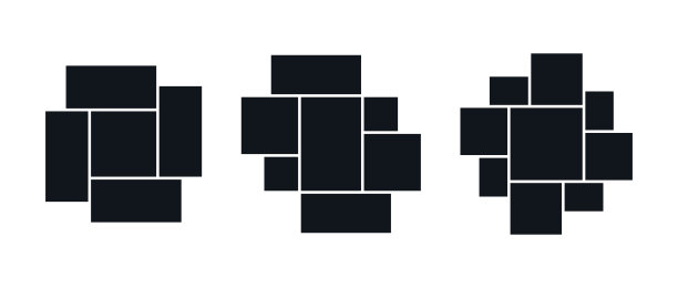 心情板或照片拼贴模板集。黑色马赛克网格艺术安排。画框构图作品集。墙画廊布局设计演示，海报，模型，横幅。向量图片下载