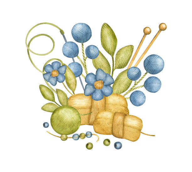 水彩插画，蓝花针织，插花，针织花束，纱线，蝴蝶和花，，仿针织图片下载