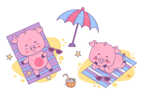 海滩度假。快乐的沙滩猪在太阳伞下躺在沙滩毛巾上晒太阳，喝着椰子夏日鸡尾酒。白色上孤立有趣放松的动物形象。矢量插图。图片下载
