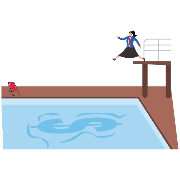 对金钱的热爱，对金钱的追求，利润或更高的收入，贪婪和欲望，等距商业女性站在跳台上准备跳进金钱的池塘图片下载