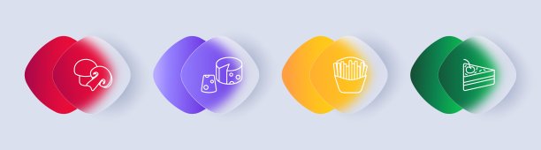 食物集图标。蘑菇、切菇、白菌和鸡油菌、薯条、快餐、垃圾食品、奶油樱桃蛋糕、带孔奶酪、美味佳肴、不寻常的食物。Glassmorphism风格。图片下载