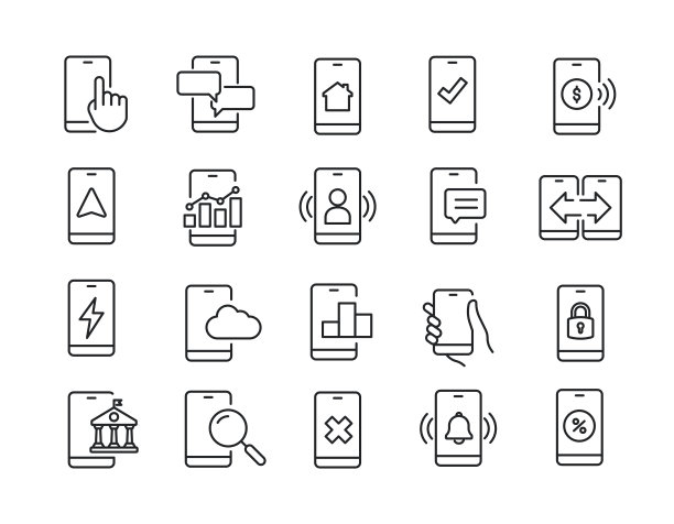 智能手机功能，手机细线图标。可编辑的中风。网站营销设计，logo, app，模板，ui等。矢量插图。图片下载