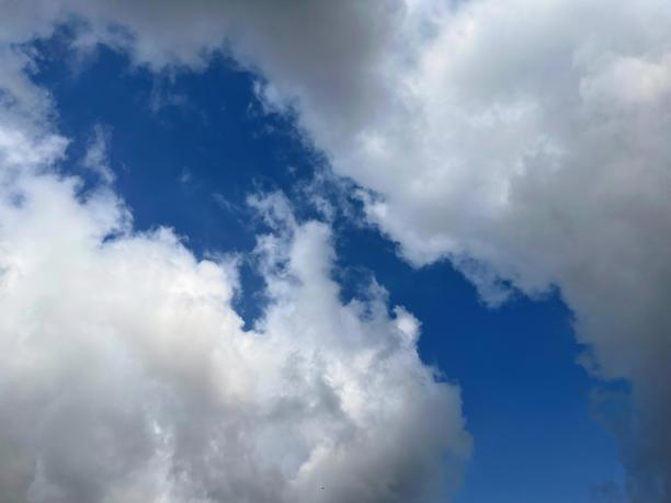 一架飞机飞过多云的蓝天的照片。图片下载