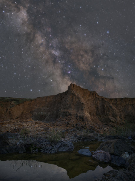 银河的夜间照片，背景是池塘岸边美丽的岩石，水面上的星星反射图片下载