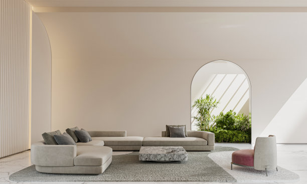 明亮的现代舒适的室内与大拱门的窗户和花园。3 d渲染。图片下载