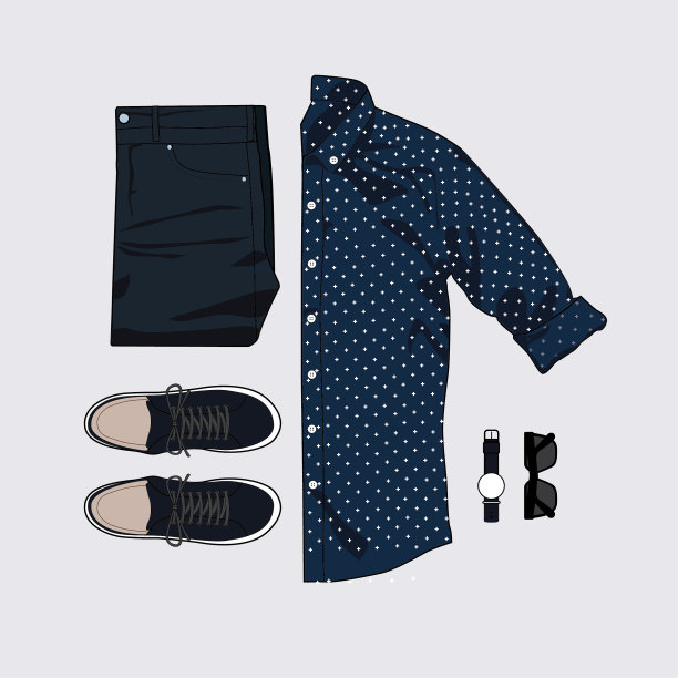 男子服装与衬衫，裤子，鞋子，眼镜和手表的顶视图。矢量插图。图片下载